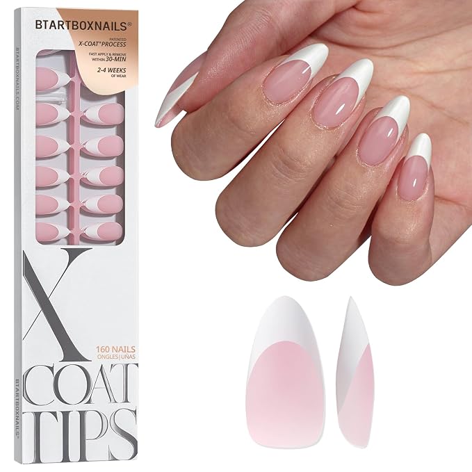 BTArtboxnails XCOATTIPS White French Tip Press On Nails, M Almond, Pink | Lamp-Curable, 4-Week Wear, Salon Quality Value at Home, Natural Nail Look, Easy-to-Apply for Beginners, 160Ct Nail Tips Only