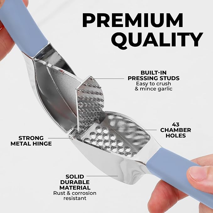 Zulay Kitchen Metal Comfort Grip Garlic Press | Garlic Mincer Tool - Garlic Crusher - Rust Proof Garlic Press, Ergonomic Handle, Easy Clean with Peeler and Brush - Baby Blue