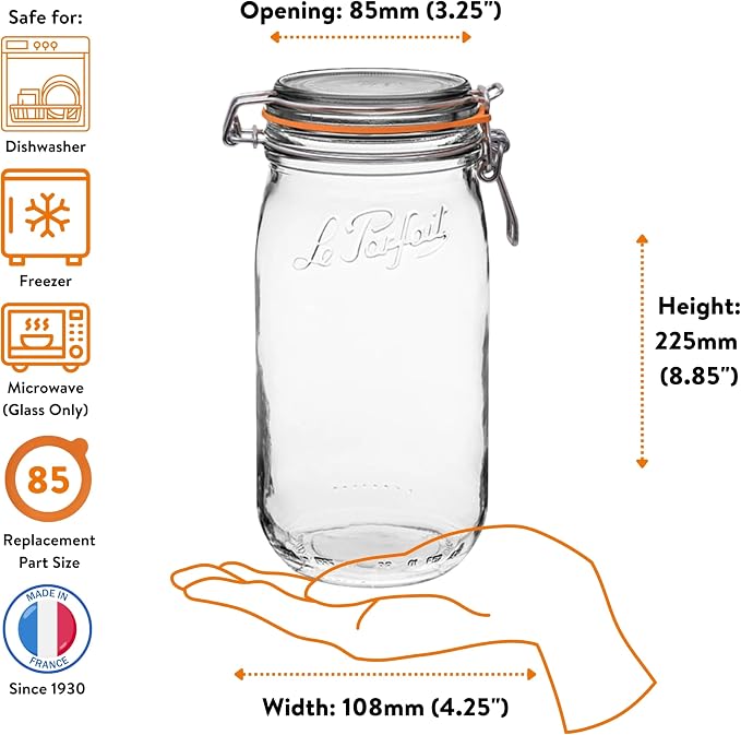 Le Parfait Super Jar 1.5L (48oz) Glass Canning Jar, Wire Bail Lid, 3 Pack | Airtight rubber seal for canning, preserving pickles, sauces and whole fruit, fermentation and pantry storage; Made in France