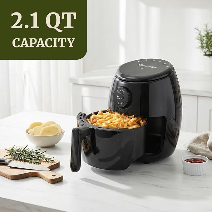 Elite Gourmet EAF2612D Personal Programmable Air Fryer, 1000W, 2.1Qt, Black | Compact Space-Saving Design, Oil-Less Healthy Cooker, Timer & Temperature Controls