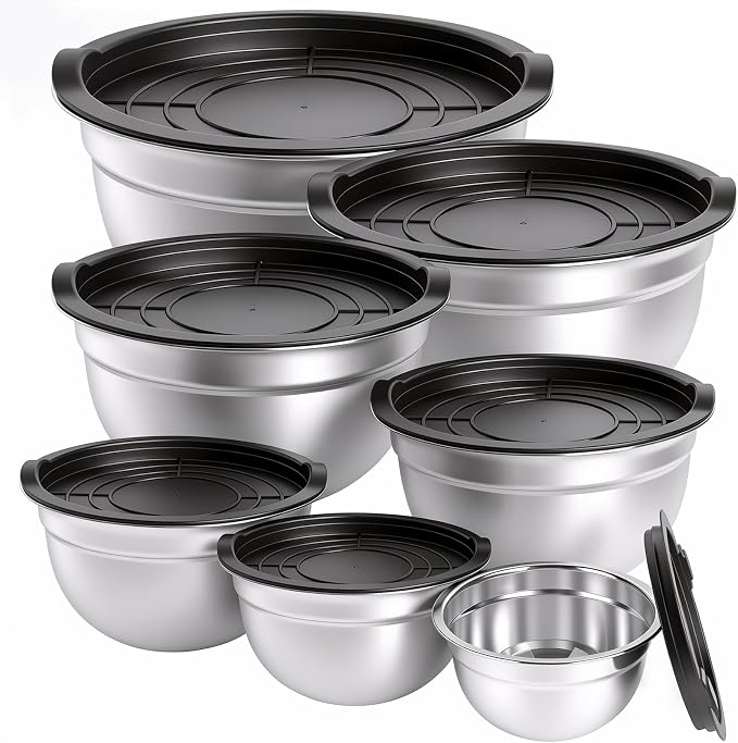 7PCS Stainless Steel Mixing Bowls, Airtight Lid Storage Set | Stackable Nesting Design Suitable For Mixing, Baking, Food Prep, Salad Serving And Refrigerator Storage. Dishwasher Safe.