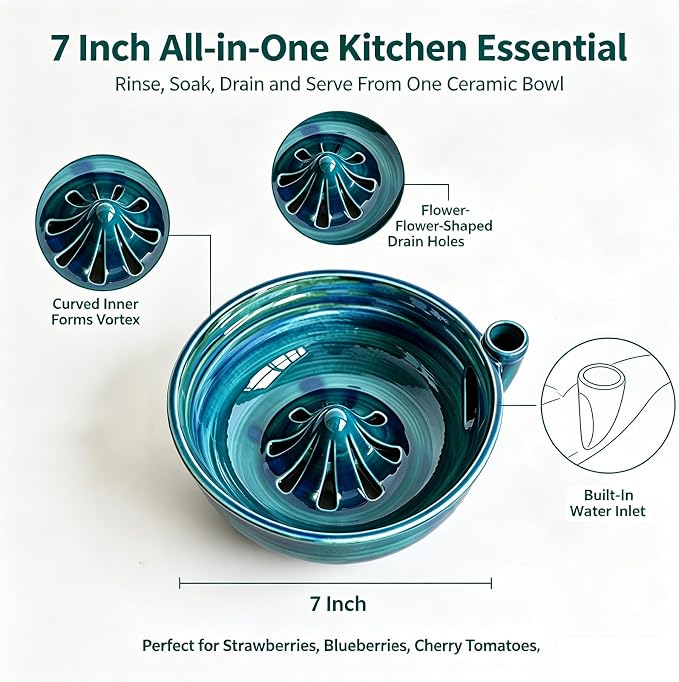 Self Spinning Ceramic Berry Washing Bowl with Drain Holes, 7'' Kitchen Fruit Washer Spinner Bowl with 10pcs Sponges，Blue B