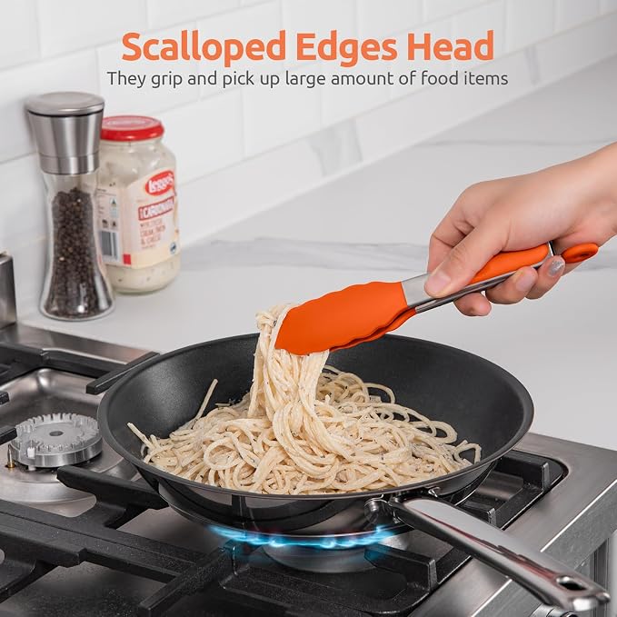 U-Taste Kitchen Tong for Cooking, 600ºF Heat-Resistant Tps, 7in/Orange | Small Mini Silicon Tongs for Serving Food, Short Salad Thong with Non Stick Rubber Tips & 18/8 Stainless Steel Handle