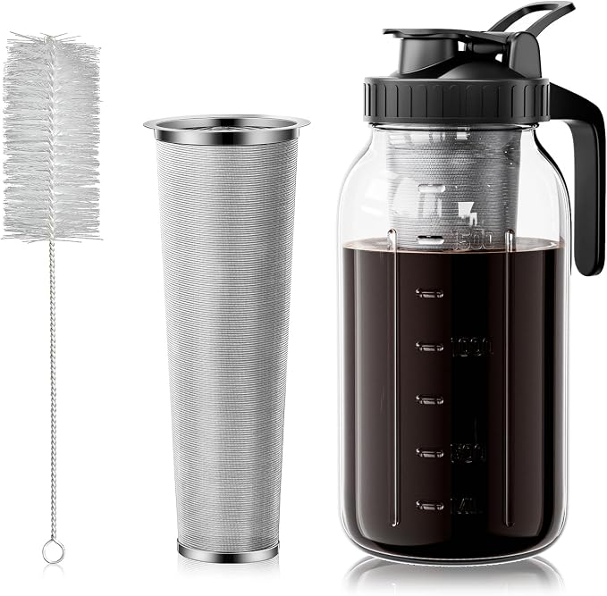 64 oz Cold Brew Coffee Maker, Mason Jar Pitcher with 304 SS Filter | 100μm Fine Mesh, Stainless Steel Filter, Airtight, Leakproof, Pour Flip Spout, Ergonomic Handle, Wide Mouth, Heavy-Duty Glass