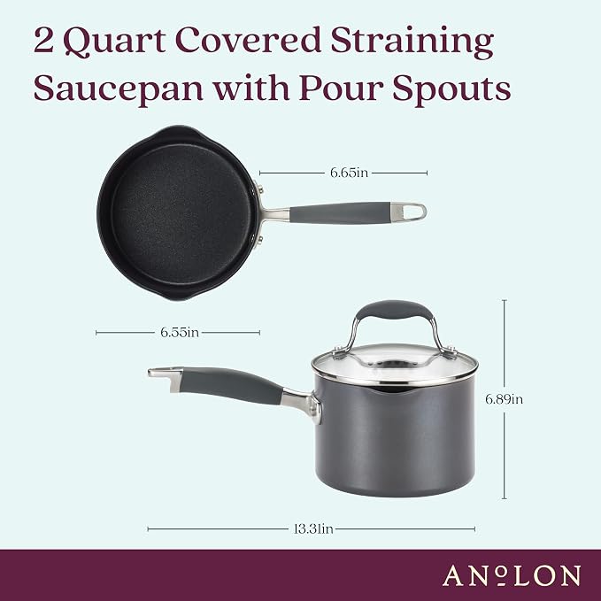 Anolon Advanced Home Hard-Anodized Nonstick Sauce Pan with Straining Lid, 2-Quart, Moonstone
