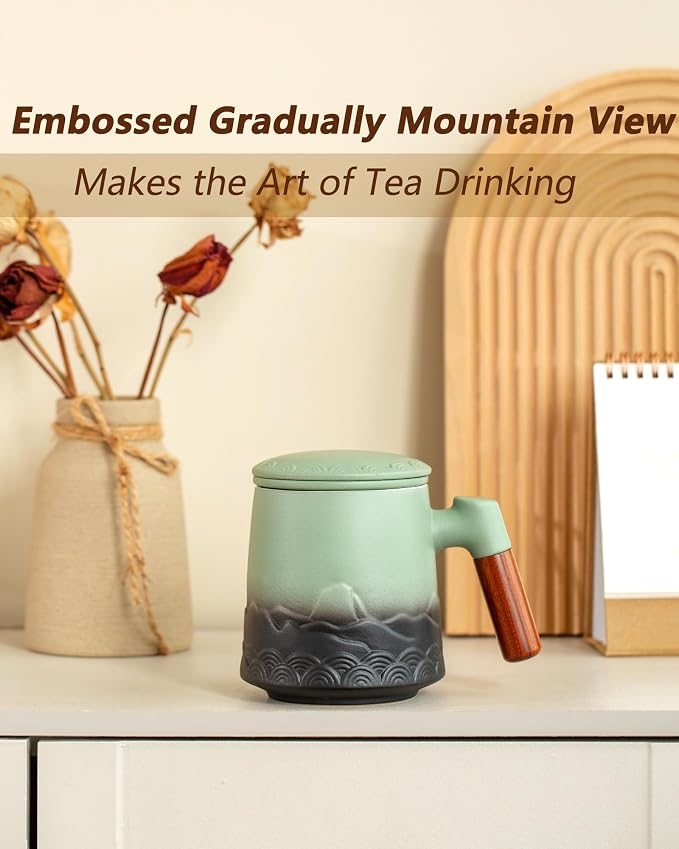 ZENS Tea Mug with Infuser and Lid for Loose Leaf Tea Steeper, 16.9oz Moss | Embossed Ceramic Tea Cup with Infuser for Herbal Tea Difussers, Tea Lovers Gifts, Nature Wood Handle