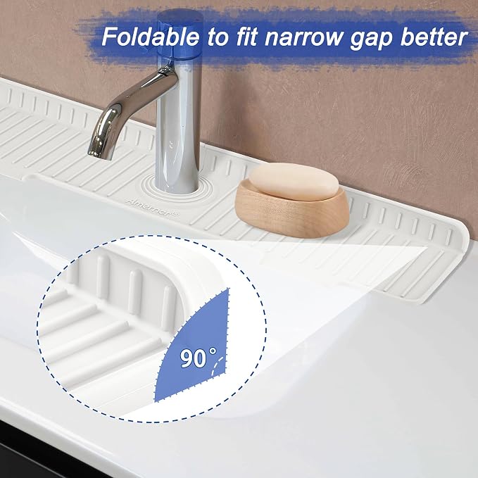 Kitchen Sink Splash Guard, 20IN Longer Silicone Faucet Guard & Draining Mat, Bathroom and Kitchen Sink Organizer, Sink Faucet Mat Water Splash Guard Behind Faucet Accessories Gadget, 20” x 5.5”, White