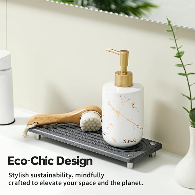 Water Absorbing Stone Sink Caddy Kitchen Sink Organizer Tray, Diatomite Bathroom Counter Tray, Faucet Drying Mat Coaster Soap Dish Rack Riser Dispenser Sponge Holder, Charcoal 10" x 4"