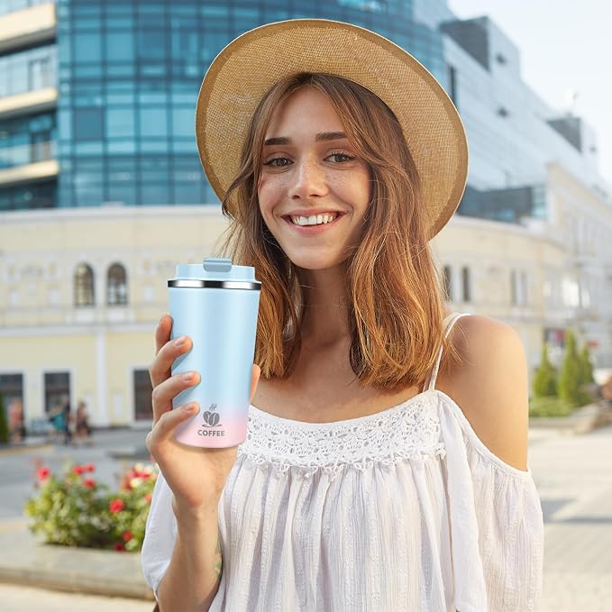Insulated Travel Coffee Mug Reusable Coffee Tumbler Cup with Flip Lid Leak Proof Spill Proof for Office School Party Camping Hot and Cold Drink,Stainless Steel 17oz (Blue Pink)