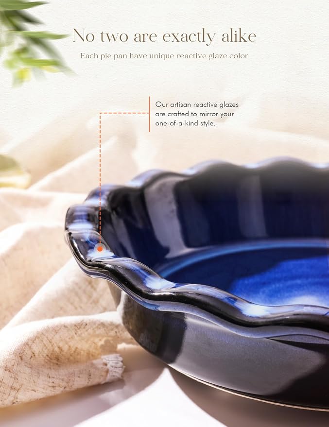 Pie Pan for Baking 9 Inch Ceramic Pie Dish for Apple Pie, Quiche, 48oz Blue | Non-Stick Dishwasher & Oven Safe, Great for Kitchen Decor