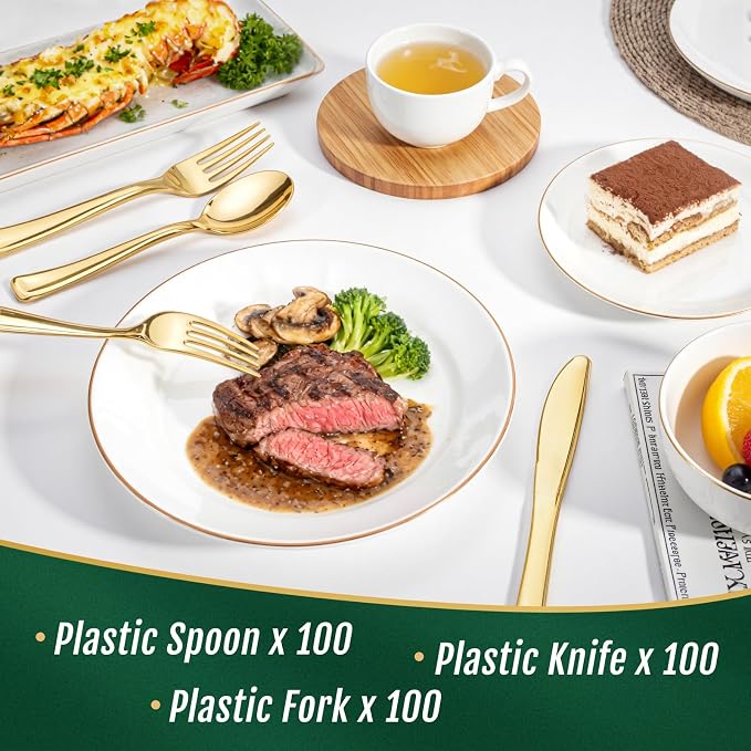 WDF300 Pieces Gold Plastic Silverware - Heavy Duty Disposable Cutlery Set Plastic Gold Silverware Set Includes 100 Forks, 100 Spoons, 100 Knives for Party/Baby Shower/Wedding/Birthday