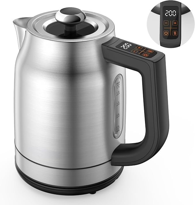 Airyoyo 1.7L 1500W Electric Tea Kettle with 13 Temperature Settings | Strix Thermostat, LED Display&Touch Control, Auto Shut-Off Protection