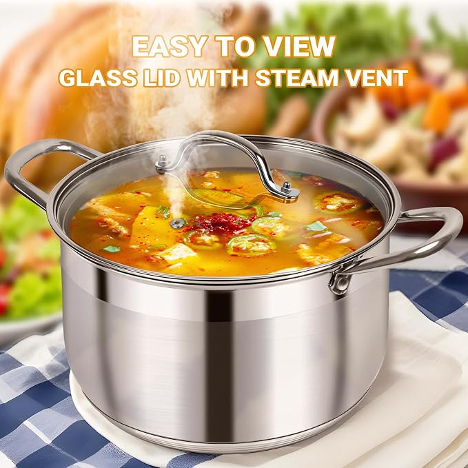 Kirecoo 5 Quart Stainless Steel Induction Stock Pot with Visible Lid | Heavy Duty, Even Heat, Thick Nonstick Base, Deep Cookware for Soup Pasta & Spaghetti, Ideal for Canning, Boiling & Simmering
