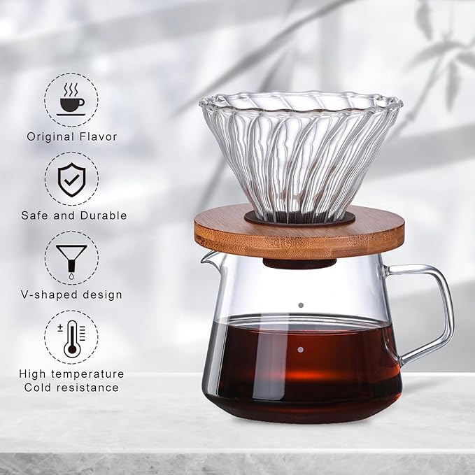 Gute Glass Pour Over Coffee Dripper with Bamboo Stand,1-4 Cups | Spiral Inner Design,Heatproof Glass,Detachable Base,Quick Rinse Clean,Fits Mugs & Carafes,Home Office,Lightweight