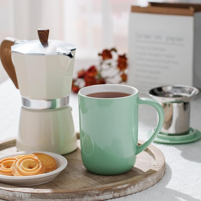 CEEFU 16oz Porcelain Tea Mug with Infuser, Lid and Coaster | Teaware with Filter, Loose Leaf Tea Cup Steeper Maker, Tea/Coffee/Milk/Women/Office/Home/Gift, Mint Green