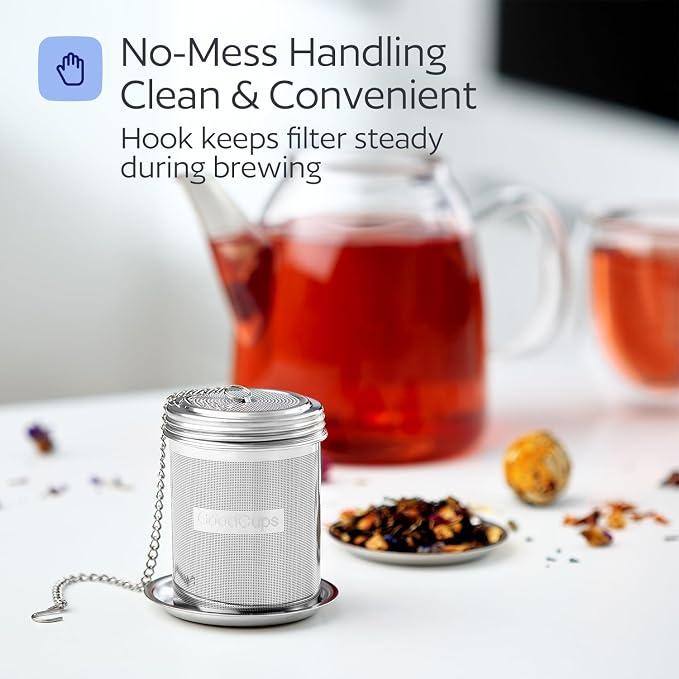 Stainless Steel Tea Infuser for Loose Leaf Tea, Medium (2.05” Diameter x 2.95” Height) – Extra Fine Mesh Strainer with Chain Hook & Lid, Reusable Tea Steeper for Mugs, Cups & Teapots