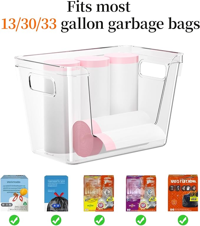 Delamu 3 Pack Trash Bag Dispenser, Stackable Garbage Bag Holder | Clear Acrylic Organizer Bins for Under Sink Organization, Pantry Storage, Cabinet, Kitchen, Laundry, Bathroom