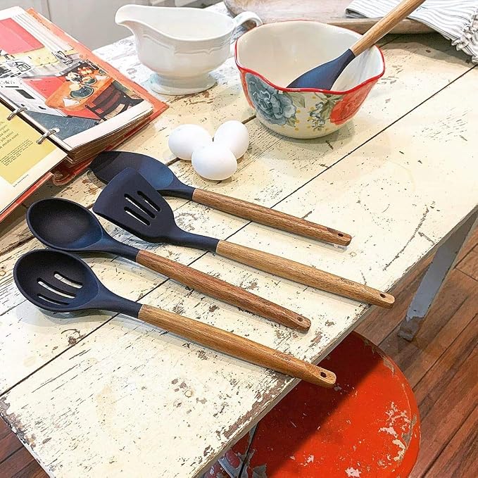 Non-Stick Silicone Kitchen Utensils Set with Natural Acacia Hard Wood Handle, 5 Piece, Midnight Blue, BPA Free, Baking & Serving Silicone Cooking Utensils