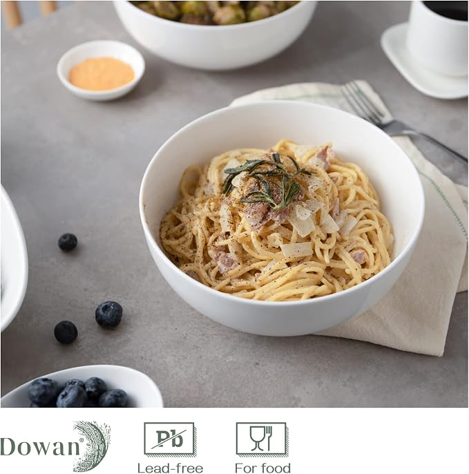 DOWAN Salad Bowls, Large Pho Bowls, 8" White Centerpiece Bowls for Nut, Pasta, Soup, Side Dishes, Ramen, Fruit, Kitchen Decor, Microwave & Dishwasher Safe, 57 Ounce