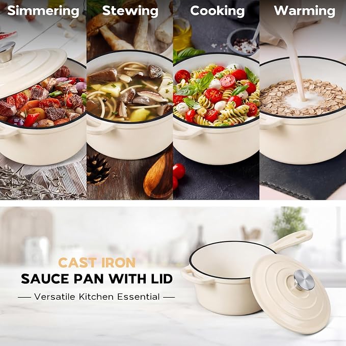 Onader 2QT Saucepan with Lid, Enameled Cast Iron Sauce Pan Pot, Small Dutch Oven Cooking Kitchen Pot, Nonstick & Heavy Duty – Cream White