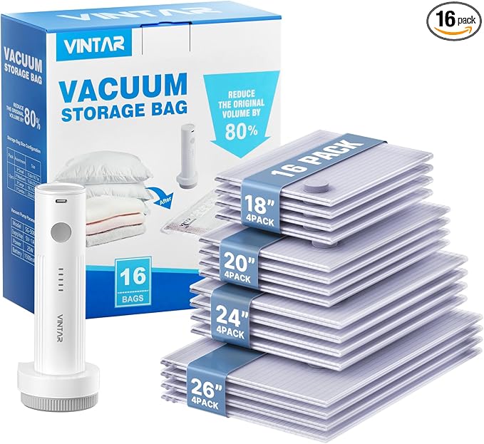 VINTAR 16 Pack Vacuum Seal Bags for Clothing Travel with Wireless Pump | Rechargeable Cordless Pump, Triple-Seal Leak-Proof, 16-Pack 4 Sizes (4J+4L+4M+4S) for Travel Luggage, Suitcase, Home Storage
