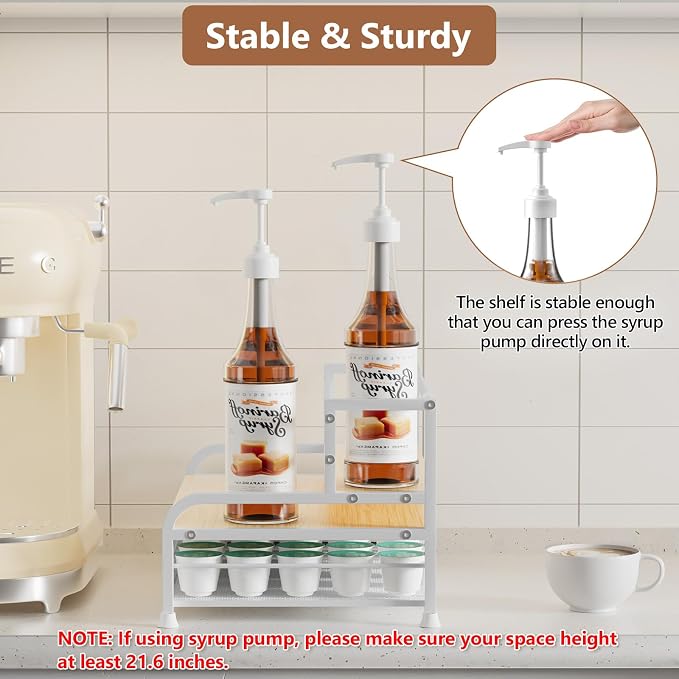 Coffee Syrup Rack Organizer, 3-Tier with 35 K-Cup Pod Holder Drawer | White Metal Rack for 8 Syrup Bottles,Countertop Bottle Holder Stand for Wine,Space-Saving Design for Kitchen Cafe Station