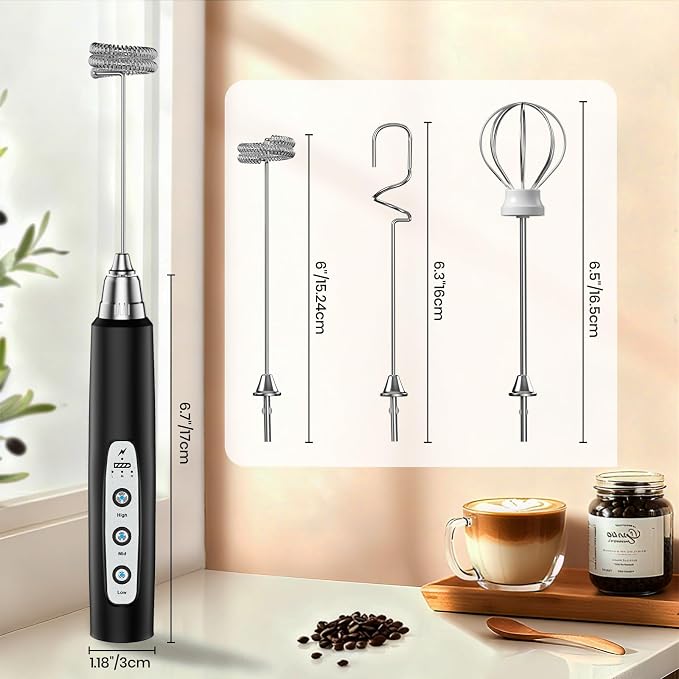 Colarlemo Milk Frother Handheld Rechargeable, Frother Wand Drink Mixer Electric Whisk for Coffee, Detachable With 3 Stainless Whisks, Hand Mixer for Lattes, Cappuccino, Matcha, Egg, No Stand,Black