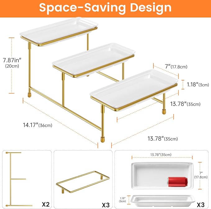 3 Tier Serving Tray, 15" Steel Stand, BPA Free Tiered Platter, Gold | Steel Frame, Sturdy & Stable. For Cookies, Veggie, Dessert & Fruit. Ideal For Parties & Weddings.