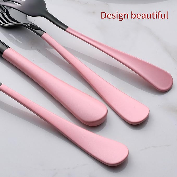 20-Piece Black and Red Silverware Set 18/0 Stainless Steel Flatware Warm Pink Handle Cutlery Set Service for 4 Dinner Knives Forks Spoons Set Mirror Finish Dishwasher Safe