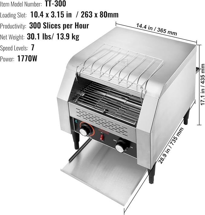 VEVOR Commercial Conveyor Toaster, 300 Slices/Hour Conveyor Belt Toaster, Heavy Duty Stainless Steel Commercial Toaster Oven for Toast Bun, Bagel, Bread