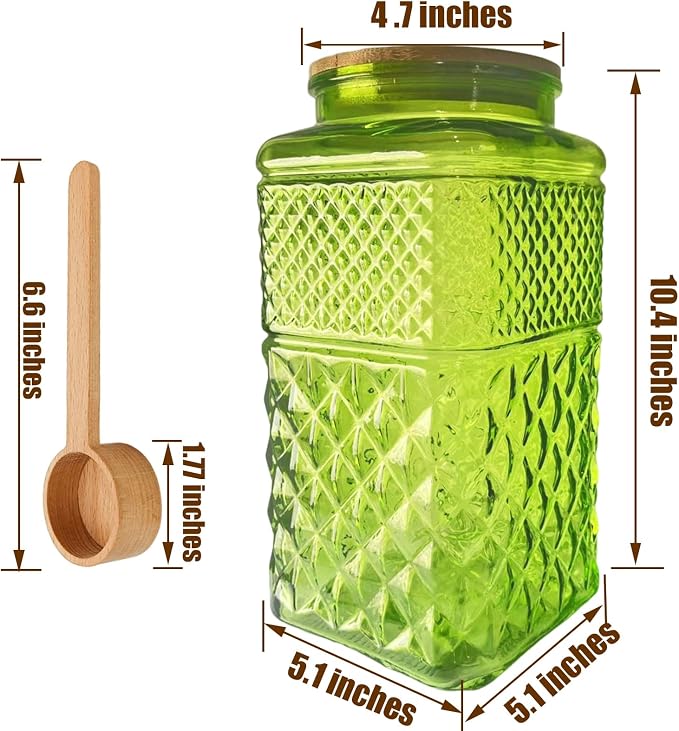 Coriario 1 Gallon Vintage Glass Jar with Lid Wood Spoon Green Square Decorative Glass Storage Jars Wide Mouth Canisters for Food Candy Flour Sugar Cookie Coffee Nuts