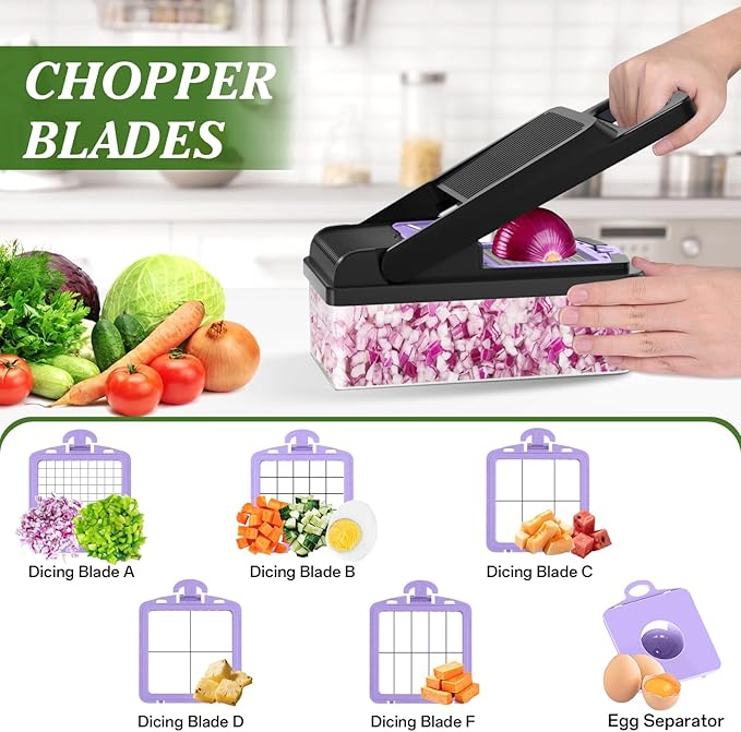 HomeHacks Veggie Chopper Vegetable Cutter, 15 in 1 Kitchen Gadget, Purple | Dicer, Slicer, Cutter, Slap Chop, Cheese Grater & Egg Separator - Multi-Functional Salad Fruit Onion Chopper with Container