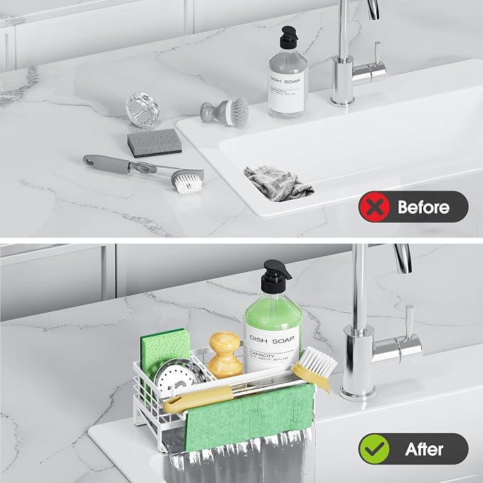 Kitchen Sink Caddy, Rustproof Self-Draining Sponge Holder, White | Metal Kitchen Caddy Sink Organizer, Detachable Dish Cloth Holder, Non-Slip Base, Kitchen Countertop Storage Accessories