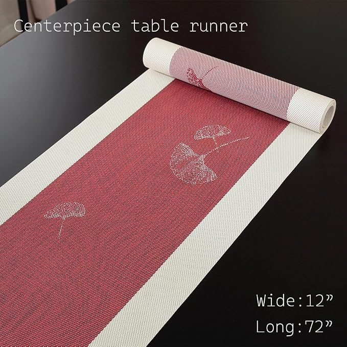 PIGCHCY Elegant Placemats with Matching Table Runner,Washable Durable Plastic Placemats for Dining Table Sets(6pcs Placemats+1pcs Table Runner, Red)