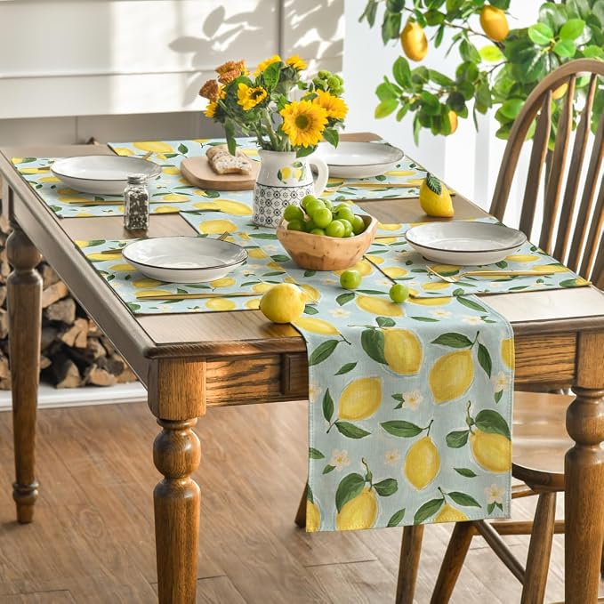 Artoid Mode Blue Lemon Flower Floral Summer Placemats Set of 4,12x18 Inch Seasonal Spring Table Mats for Party Kitchen Dining Decoration