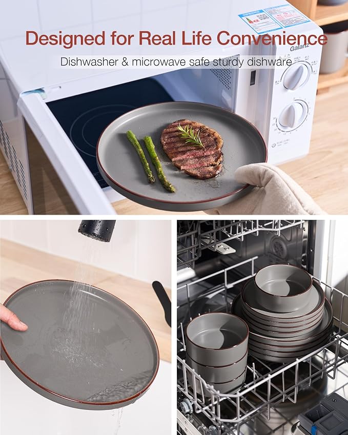 Famiware Nebula Ridge 12-Piece Stoneware Dinnerware Set, Dark Gray | Plates and Bowls for 4, Warm Hand-Painted Rims, Microwave and Dishwasher Safe, Daily Essentials