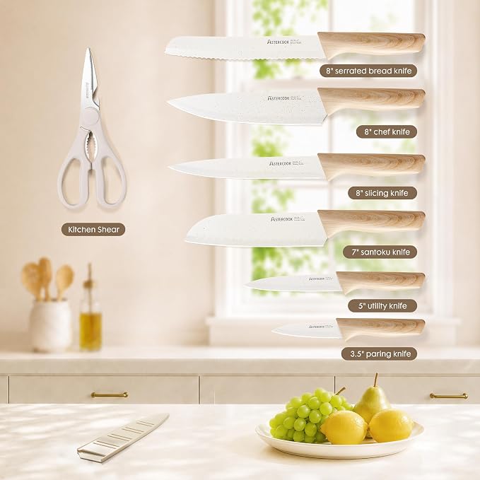 Astercook Knife Set, 13 Pieces Kitchen Knives Set with Ceramic Coating, Stainless Steel Chef Knife Sets with 6 Blade Guards, Dishwasher Safe Knives with Wood Grain Handle, Elegant White