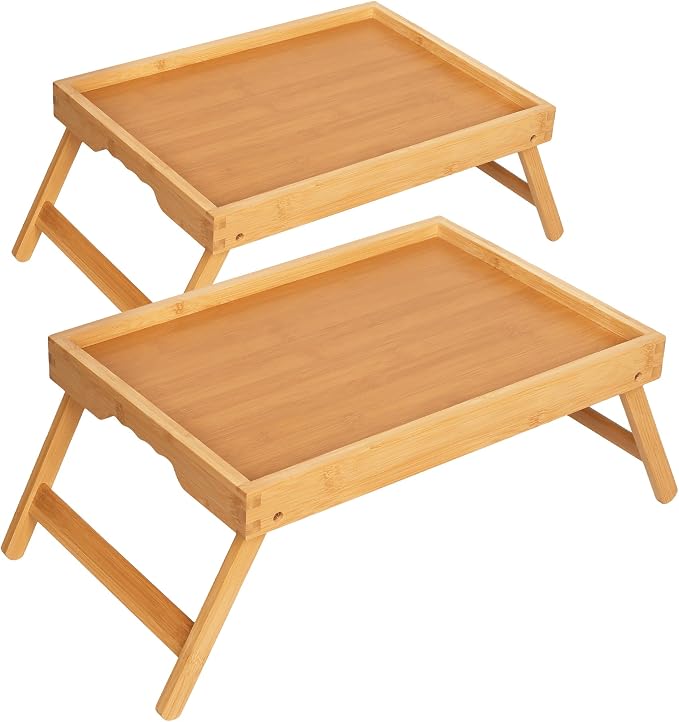 2 Pack Bamboo Bed Tray Tables with Folding Legs, Medium, Natural | Set of 2 bamboo bed trays with folding legs and wave handles for meals, laptops and serving in bed or on sofa.