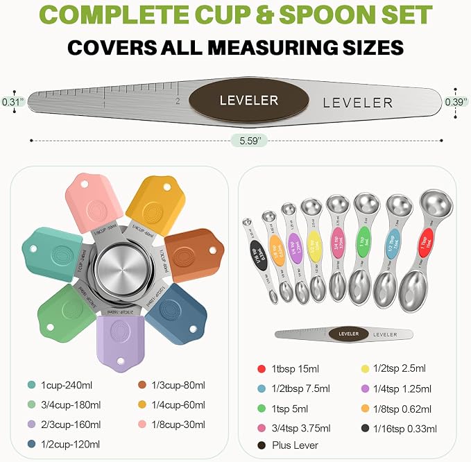 Magnetic Measuring Cups and Spoons Set, 16-Piece Set with Leveler | Strong N52 Magnets, Heavy Duty 304 Stainless Steel, Dual-Sided Design Fits Spice Jars, Easy-to-Read Markings for Cooking
