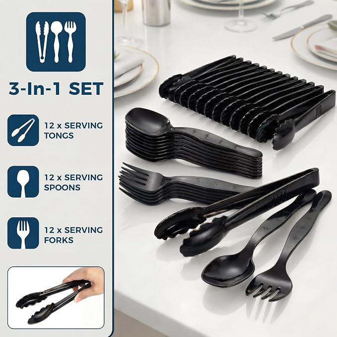 36 Pcs Disposable Plastic Serving Utensils Set, 9 Inch Black | Tongs, Forks & Spoons For Buffet, Catering, Restaurants, BBQs, Picnics, Weddings And Party Food Stations