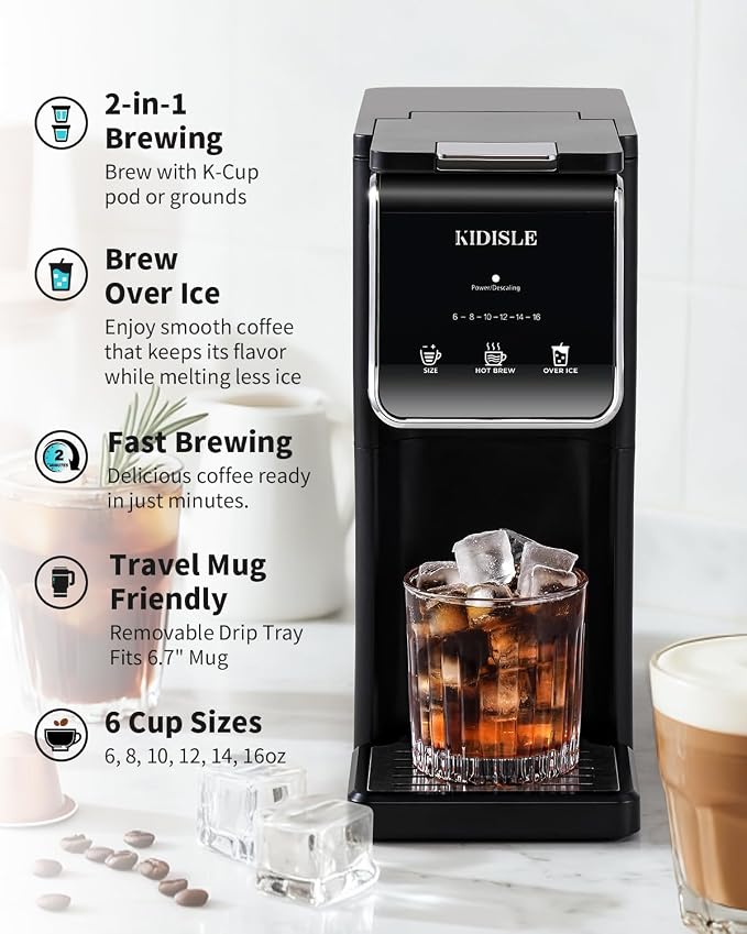 KIDISLE Hot & Iced Single Serve Coffee Maker for K Cup & Grounds, 6–16oz Brew Sizes, 40oz Water Tank, Reusable Pod Filter, Easy-to-Use for Home, Office, Dorm, Black
