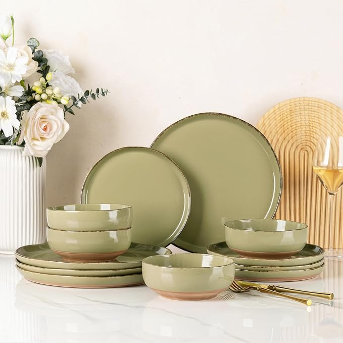 AmorArc Dinnerware Sets for 4, 12 Pieces Ceramic Plates and Bowls Set | Scratch Resistant Stoneware Dishes Set, Dishwasher & Microwave Safe,Olive Green