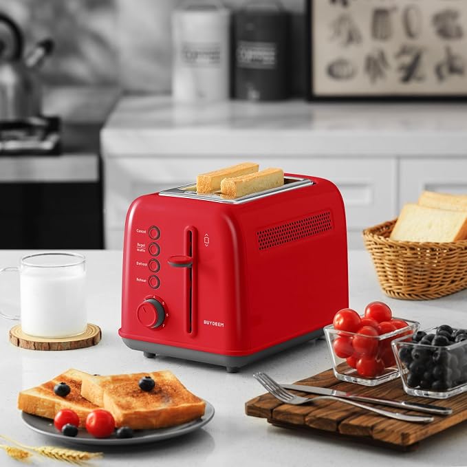 BUYDEEM DT620 2-Slice Toaster, 7 Shade Settings, Extra Wide 1.5'' Slots for Bagel & English Muffin, 6 Toasting Functions, Retro Stainless Steel Toaster with High Lift Lever, Red