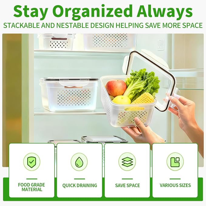 PRAKI Fruit Storage Containers for Fridge with Removable Colander, 5-Pack | 4 in 1 Food Storage Containers, Produce Saver for Refrigerator Keep Fruits, Berry Fresh Longer, Multiple Sizes, BPA-Free