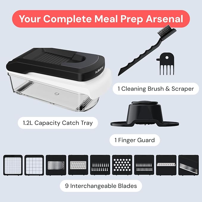 Fullstar Pro Core Vegetable Chopper & Mandoline Slicer, Meal Prep Essential | 9 in 1 Veggie Slicer, Onion & Fruit Slicer with Julienne, Grater & Dicer Stainless Steel Blades + Container (White)