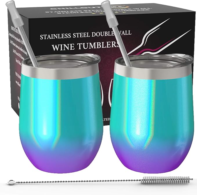 CHILLOUT LIFE 12 oz Stainless Steel Wine Tumblers 2 Pack - Double Wall Vacuum Insulated Wine Glasses Cups with Lids and Straws Set Keeping Cold & Hot for Coffee, Beer, Ice Cream - Mermaid Sparkle