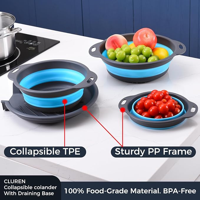 Collapsible Colander Set with Oversized Draining Tray | 3-Pack Foldable Kitchen Strainers + Base | Space Saving for Pasta, Veggies, Fruit & Rice | 5 Colors (Gray-Blue)