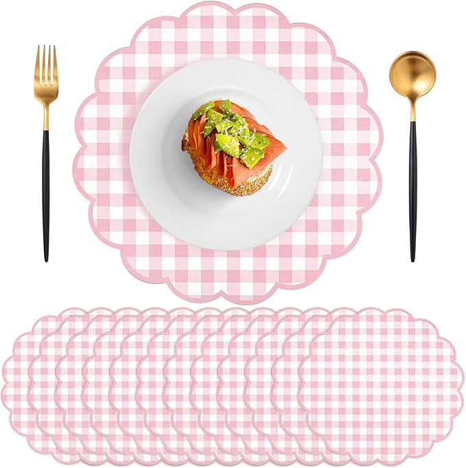 60 Pcs Pink and White Gingham Paper Placemat, Scalloped Checkered Place Mat | 13.5 Inch Disposable Table Placemats Decorative Paper for Anniversay Baby Shower Wedding Banquet Tea Party Picnic