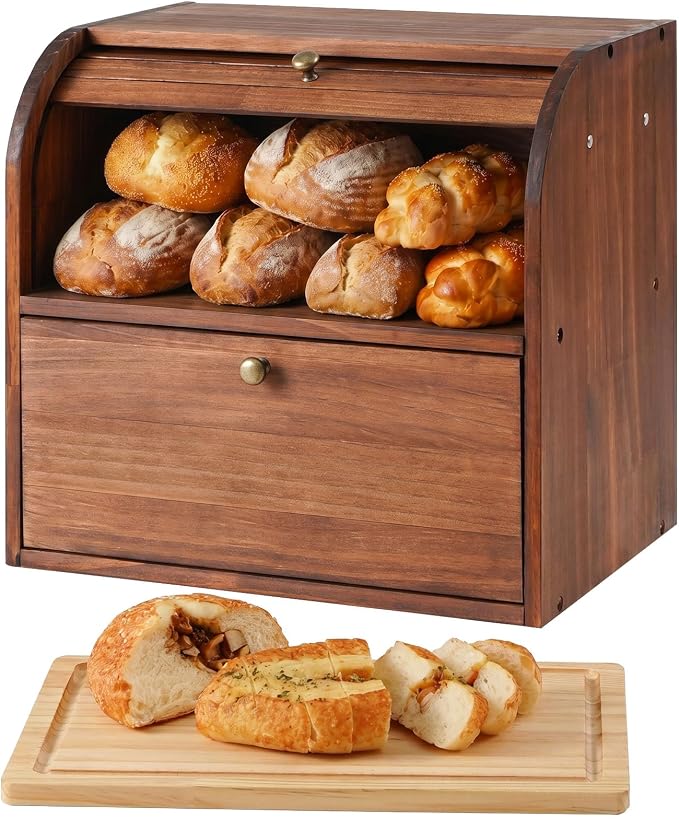 Sunhoo Wooden Bread Box for Kitchen Countertop, Roll Top Breadbox, Brown | Large Double Layer Pantry Container, Solid Wood with Cutting Board, Fresh Homemade Sourdough Bin Cabinet, Vintage Farmhouse