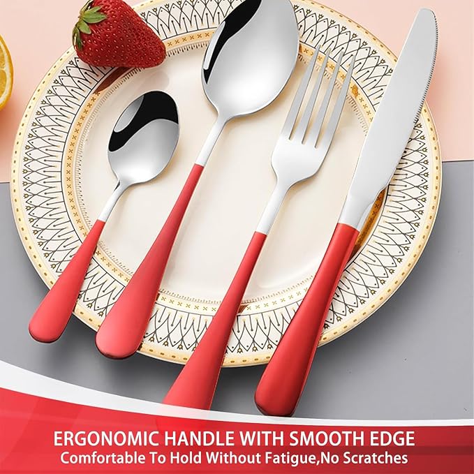 24 Pieces Flatware Set, Caliamary Stainless Steel Flatware Set with Silverware Holder Spoons Forks Knives,Utensils Set Service for 6,Gold Mirror Polished and Matte Pink Painted (Red Silver)